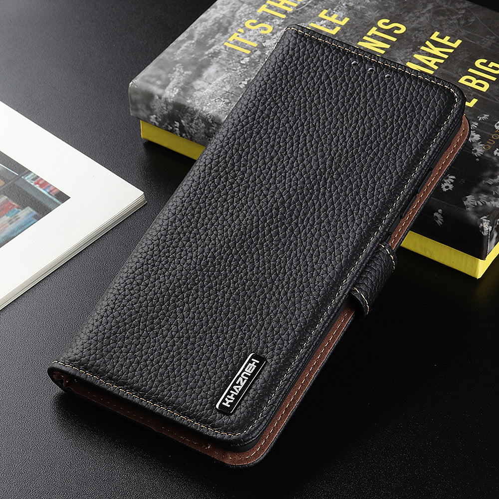 KHAZNEH Litchi Texture Top Layer Genuine Leather Cover Flip Book Stand Shockproof Wallet Phone Case for Oppo Reno7 5G (China)