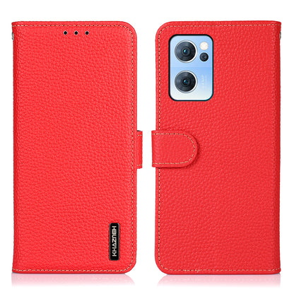 KHAZNEH Litchi Texture Top Layer Genuine Leather Cover Flip Book Stand Shockproof Wallet Phone Case for Oppo Reno7 5G (China)