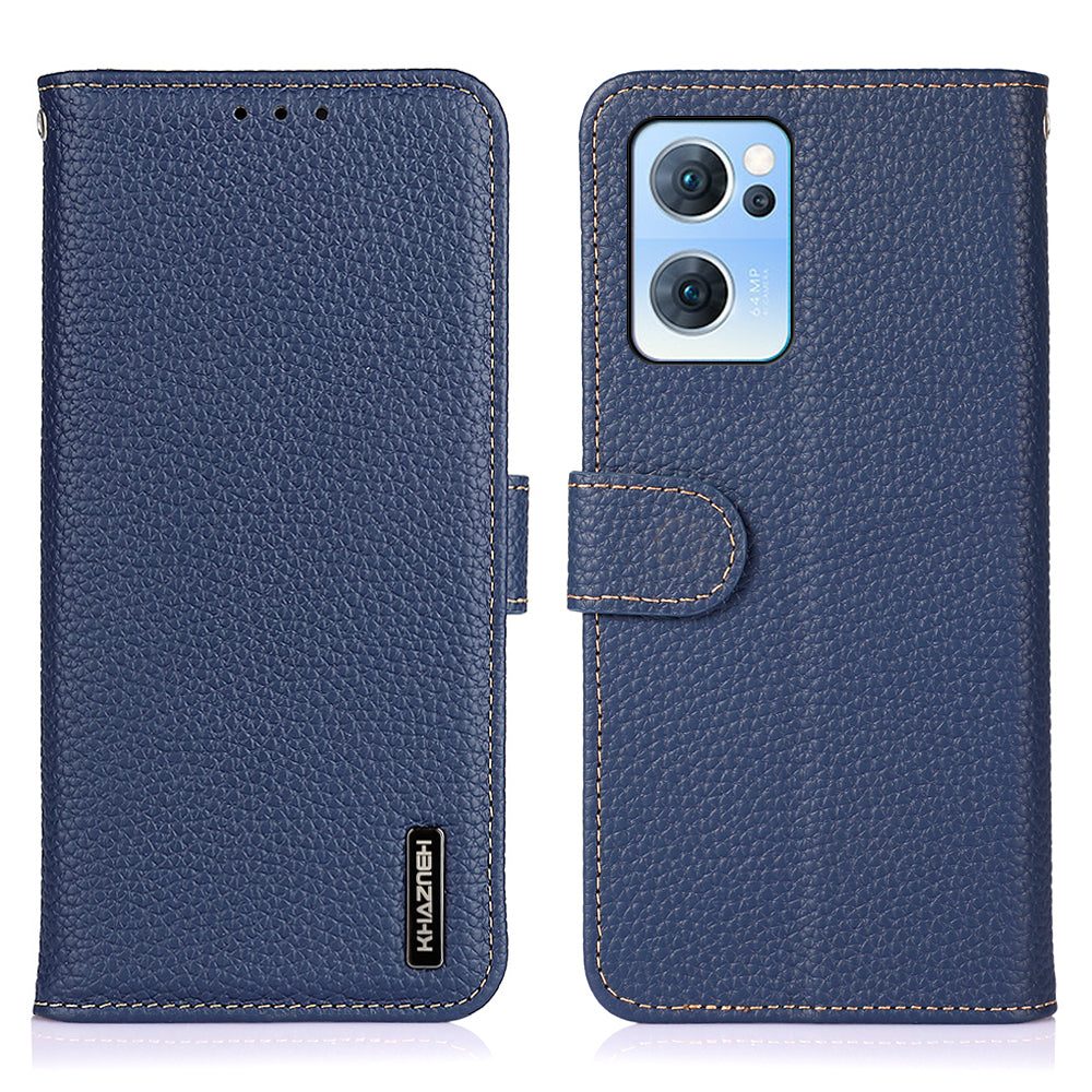 KHAZNEH Litchi Texture Top Layer Genuine Leather Cover Flip Book Stand Shockproof Wallet Phone Case for Oppo Reno7 5G (China)