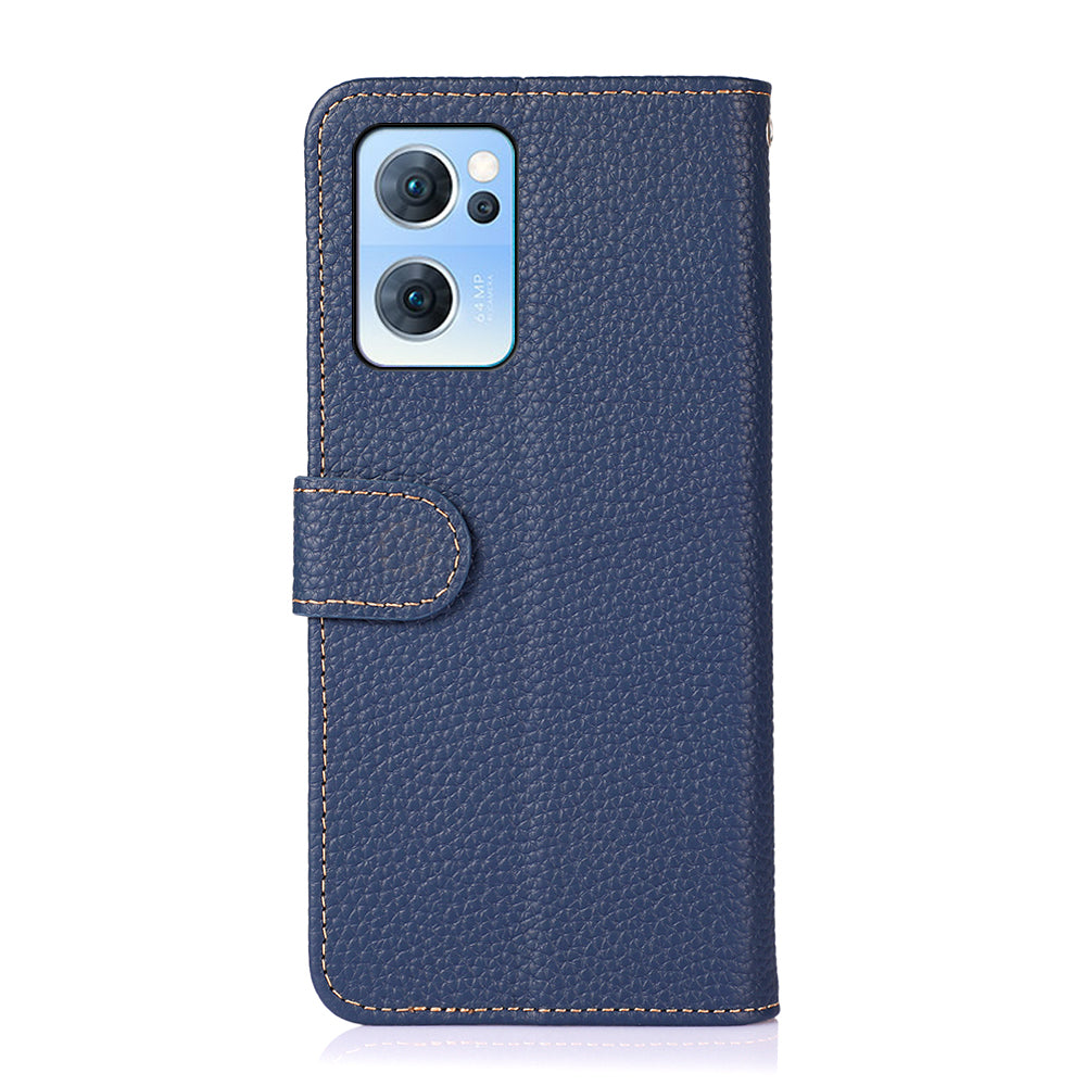 KHAZNEH Litchi Texture Top Layer Genuine Leather Cover Flip Book Stand Shockproof Wallet Phone Case for Oppo Reno7 5G (China)