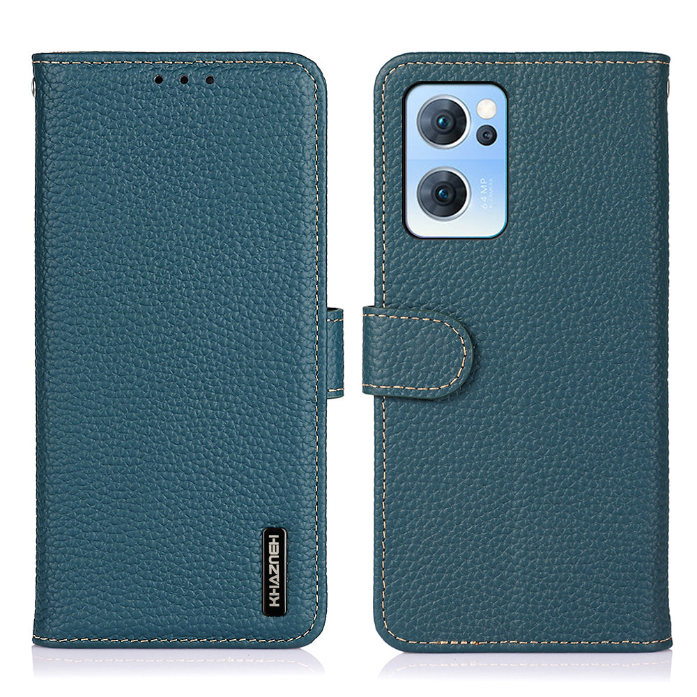 KHAZNEH Litchi Texture Top Layer Genuine Leather Cover Flip Book Stand Shockproof Wallet Phone Case for Oppo Reno7 5G (China)