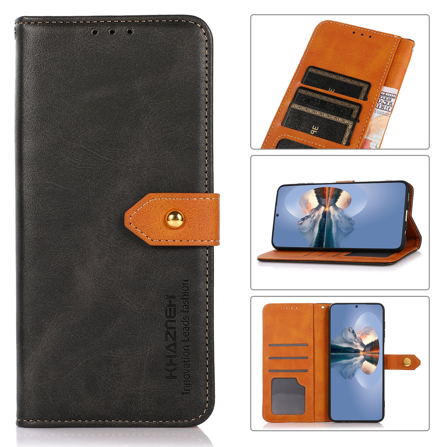 KHAZNEH Anti-fall Magnetic Golden Clasp Wallet Stand PU Leather + TPU Case Protective Cover for Oppo Reno7 5G (China)