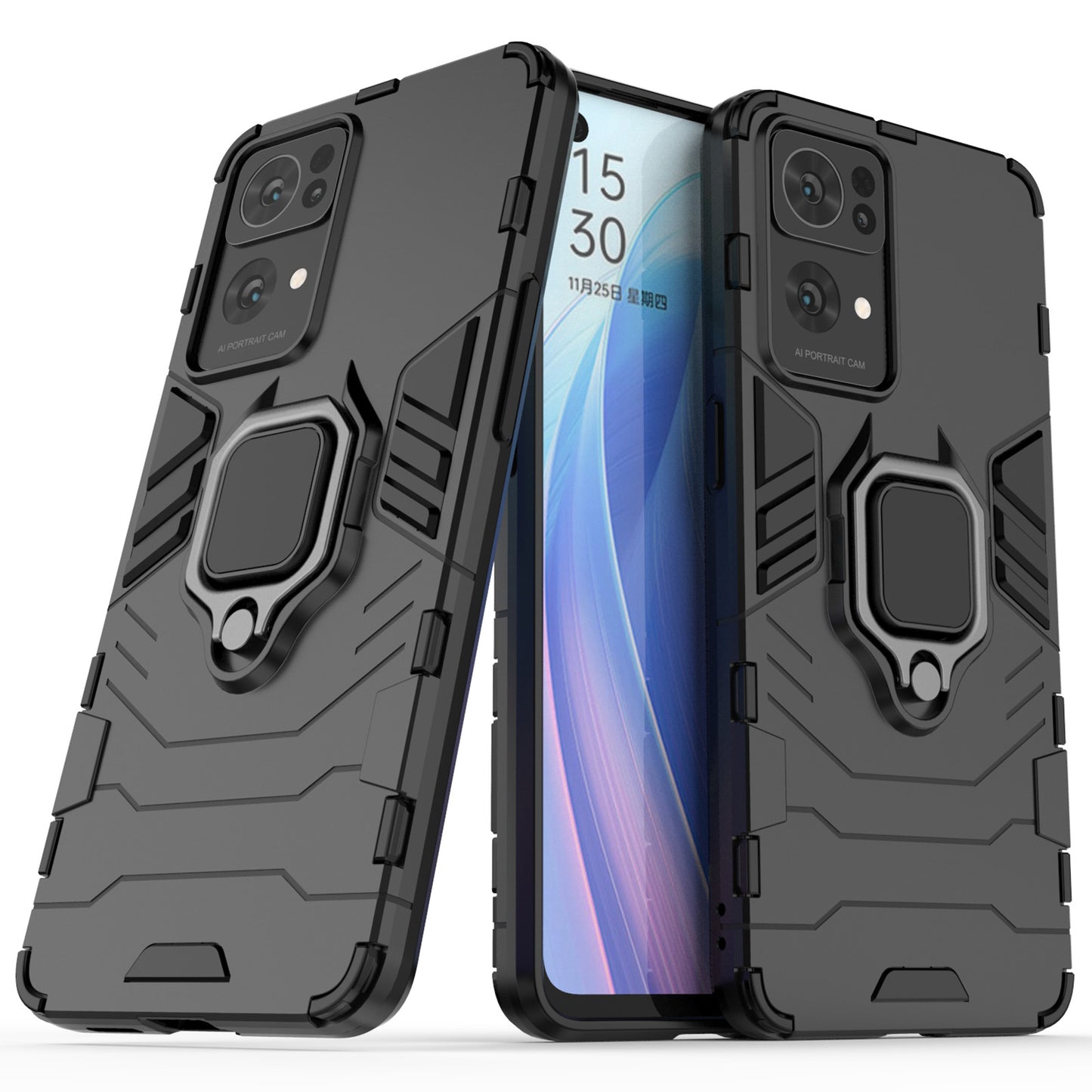 Hybrid Hard PC Soft TPU Bumper Drop Protection Anti-Fall Cover with Ring Holder Kickstand for Oppo Reno7 Pro 5G