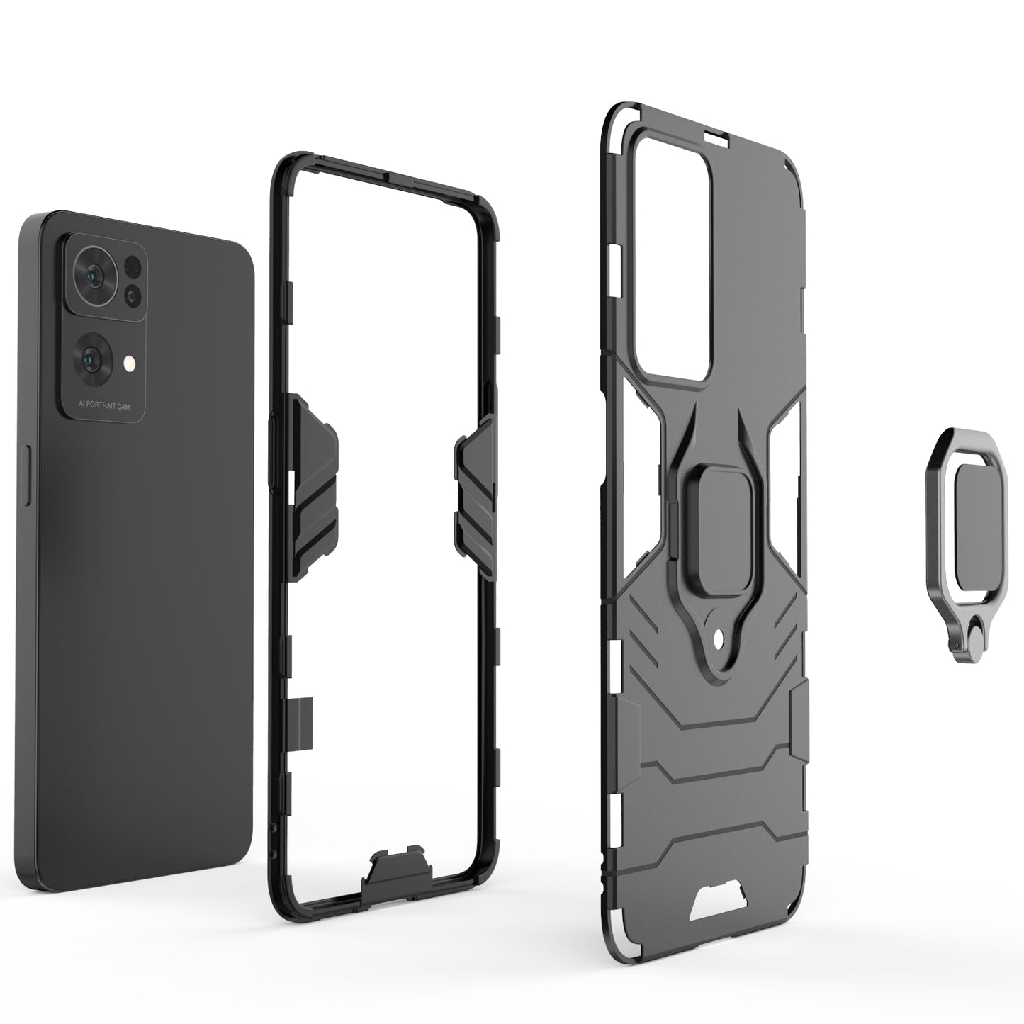 Hybrid Hard PC Soft TPU Bumper Drop Protection Anti-Fall Cover with Ring Holder Kickstand for Oppo Reno7 Pro 5G