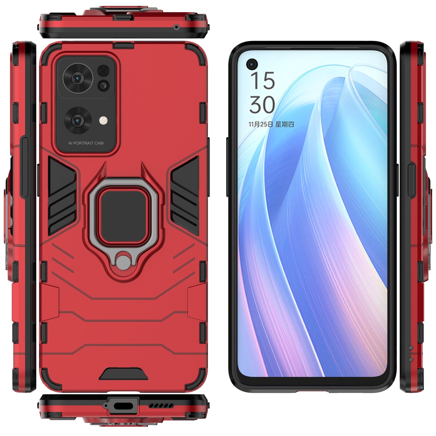 Hybrid Hard PC Soft TPU Bumper Drop Protection Anti-Fall Cover with Ring Holder Kickstand for Oppo Reno7 Pro 5G