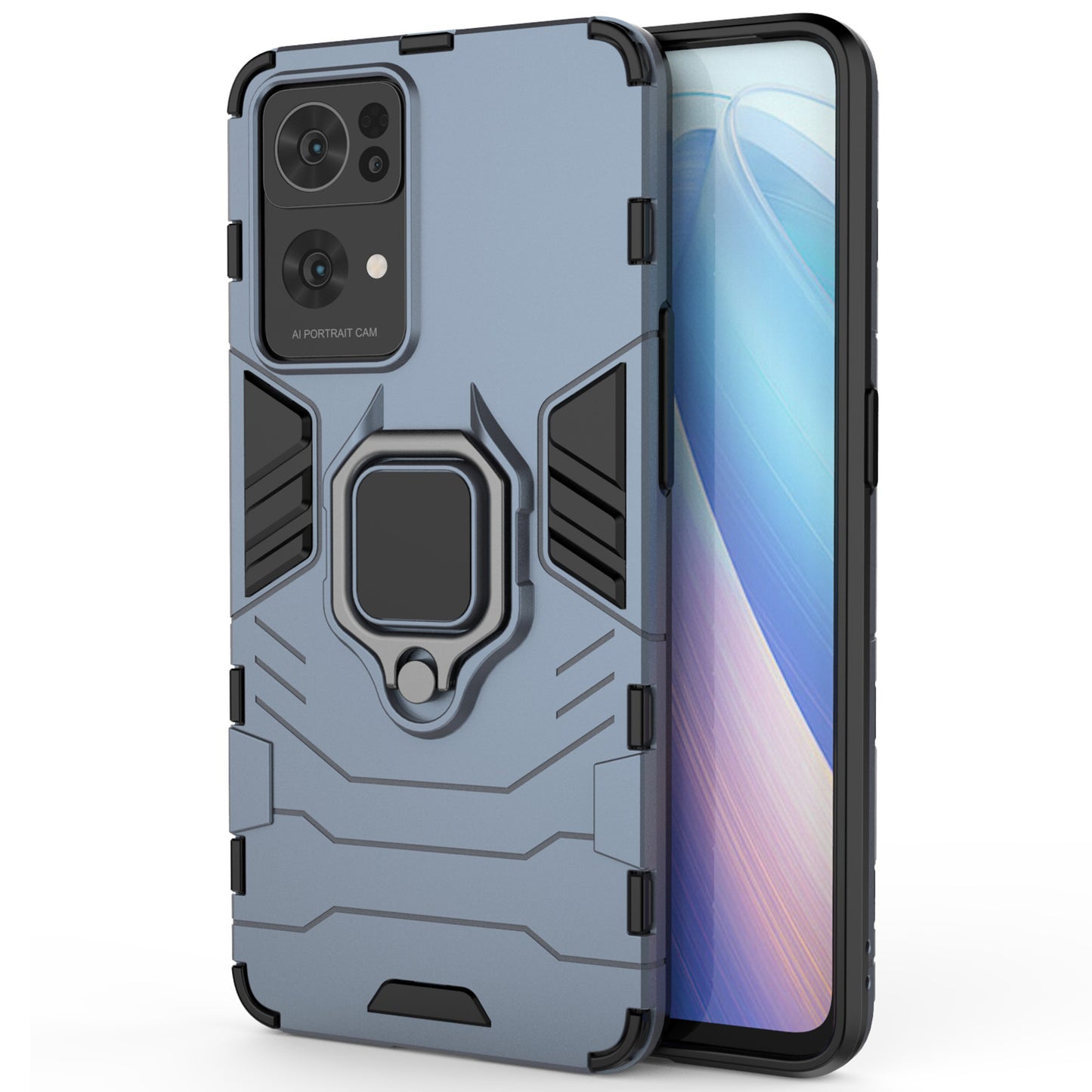 Hybrid Hard PC Soft TPU Bumper Drop Protection Anti-Fall Cover with Ring Holder Kickstand for Oppo Reno7 Pro 5G