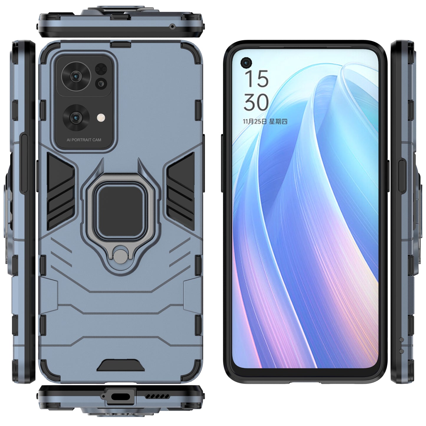 Hybrid Hard PC Soft TPU Bumper Drop Protection Anti-Fall Cover with Ring Holder Kickstand for Oppo Reno7 Pro 5G