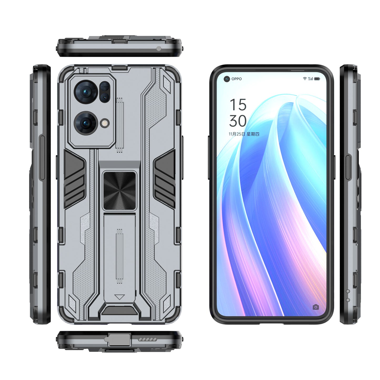 Dual-Layer Soft Flexible TPU Hard PC Anti-Slip Protective Phone Case with Kickstand for Oppo Reno7 Pro 5G