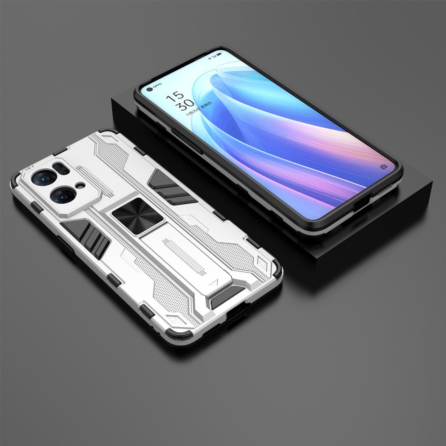 Dual-Layer Soft Flexible TPU Hard PC Anti-Slip Protective Phone Case with Kickstand for Oppo Reno7 Pro 5G