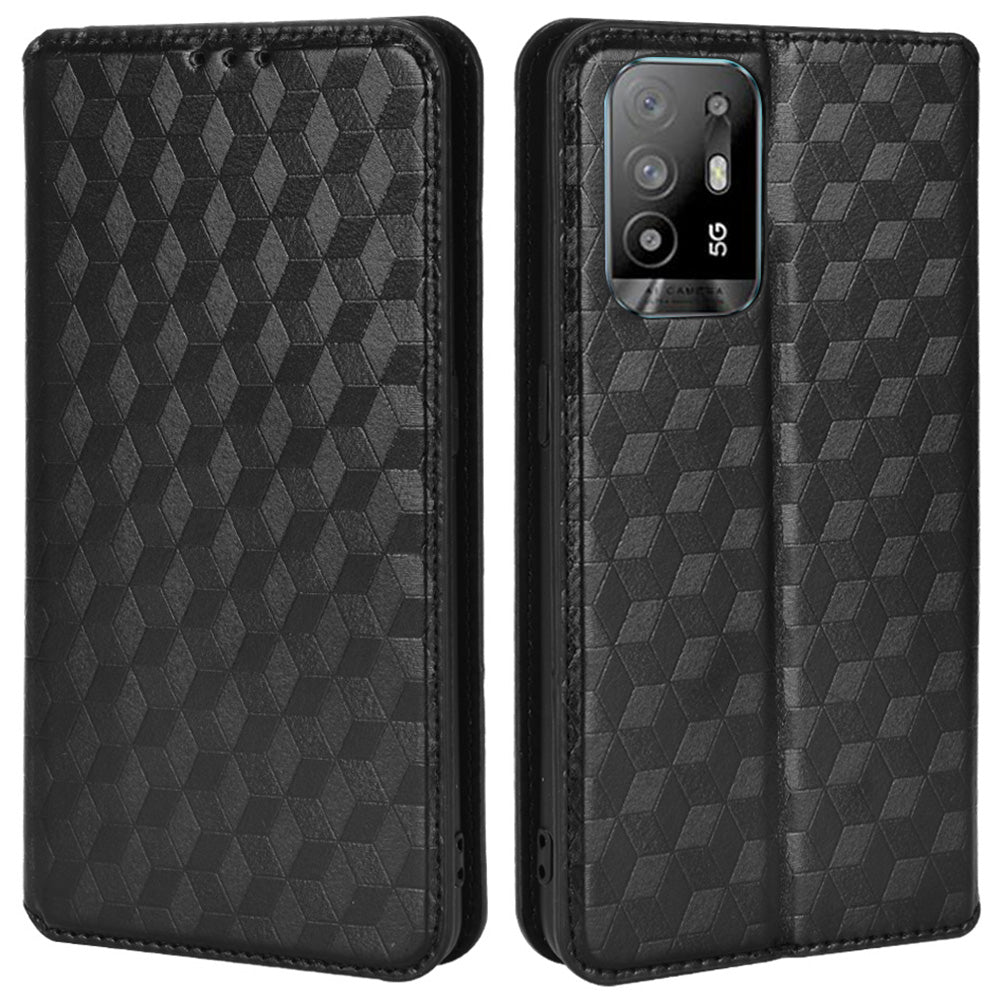 3D Rhombus Pattern Imprinted Impact Buffer Phone Case Magnetic Auto Closing PU Leather Protective Cover with Stand Wallet for Oppo F19 Pro+ 5G/A94 5G/A95 5G/Reno5 Z