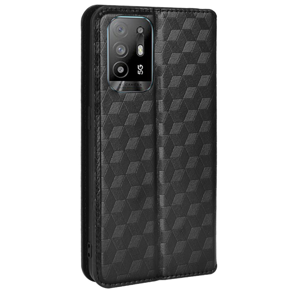 3D Rhombus Pattern Imprinted Impact Buffer Phone Case Magnetic Auto Closing PU Leather Protective Cover with Stand Wallet for Oppo F19 Pro+ 5G/A94 5G/A95 5G/Reno5 Z