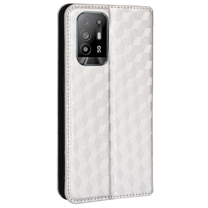 3D Rhombus Pattern Imprinted Impact Buffer Phone Case Magnetic Auto Closing PU Leather Protective Cover with Stand Wallet for Oppo F19 Pro+ 5G/A94 5G/A95 5G/Reno5 Z