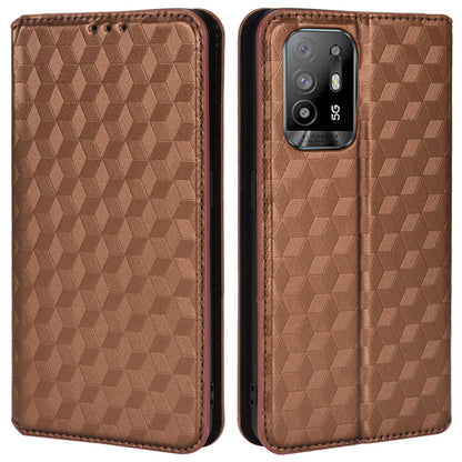 3D Rhombus Pattern Imprinted Impact Buffer Phone Case Magnetic Auto Closing PU Leather Protective Cover with Stand Wallet for Oppo F19 Pro+ 5G/A94 5G/A95 5G/Reno5 Z