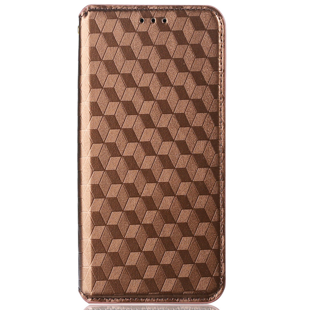 3D Rhombus Pattern Imprinted Impact Buffer Phone Case Magnetic Auto Closing PU Leather Protective Cover with Stand Wallet for Oppo F19 Pro+ 5G/A94 5G/A95 5G/Reno5 Z