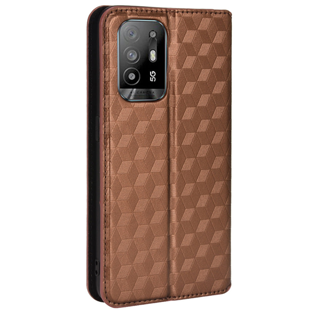 3D Rhombus Pattern Imprinted Impact Buffer Phone Case Magnetic Auto Closing PU Leather Protective Cover with Stand Wallet for Oppo F19 Pro+ 5G/A94 5G/A95 5G/Reno5 Z