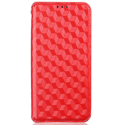 3D Rhombus Pattern Imprinted Impact Buffer Phone Case Magnetic Auto Closing PU Leather Protective Cover with Stand Wallet for Oppo F19 Pro+ 5G/A94 5G/A95 5G/Reno5 Z