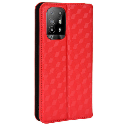 3D Rhombus Pattern Imprinted Impact Buffer Phone Case Magnetic Auto Closing PU Leather Protective Cover with Stand Wallet for Oppo F19 Pro+ 5G/A94 5G/A95 5G/Reno5 Z