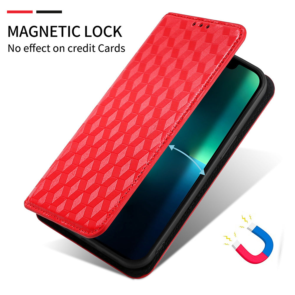 3D Rhombus Pattern Imprinted Impact Buffer Phone Case Magnetic Auto Closing PU Leather Protective Cover with Stand Wallet for Oppo F19 Pro+ 5G/A94 5G/A95 5G/Reno5 Z