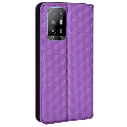 3D Rhombus Pattern Imprinted Impact Buffer Phone Case Magnetic Auto Closing PU Leather Protective Cover with Stand Wallet for Oppo F19 Pro+ 5G/A94 5G/A95 5G/Reno5 Z