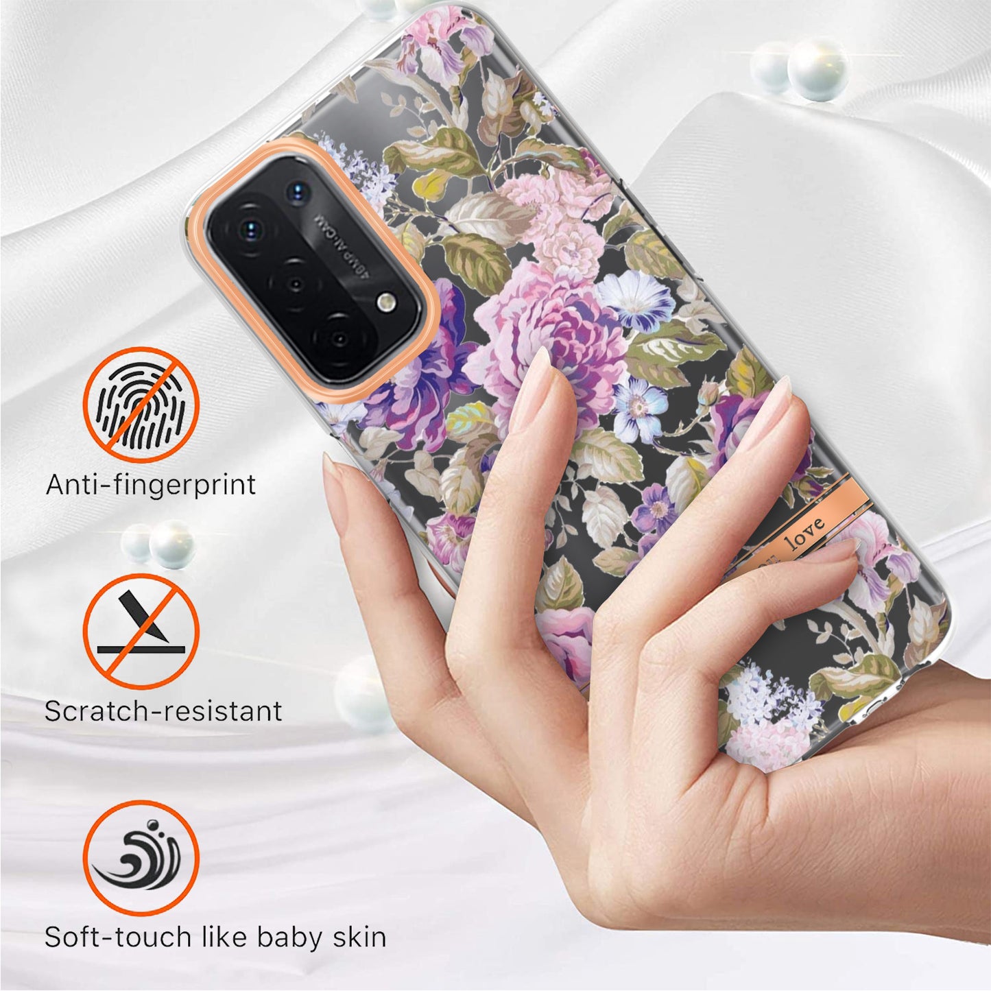 LB5 Series Flower Pattern Fingerprint-free Anti-scratch Phone Case IMD IML Electroplating TPU Shell for Oppo A74 5G/A93 5G/A54 5G/A93s 5G