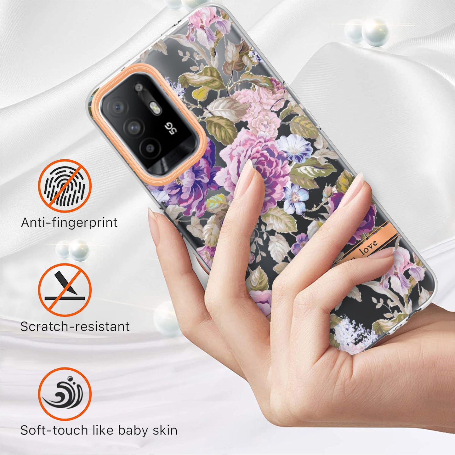 LB5 Series Flower Pattern Anti-fingerprint Mobile Phone Back Case IMD IML Electroplating TPU Cover for Oppo A94 5G