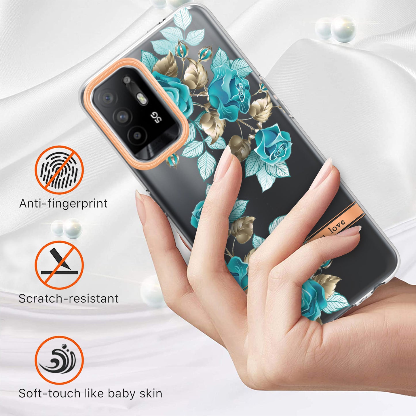 LB5 Series Flower Pattern Anti-fingerprint Mobile Phone Back Case IMD IML Electroplating TPU Cover for Oppo A94 5G