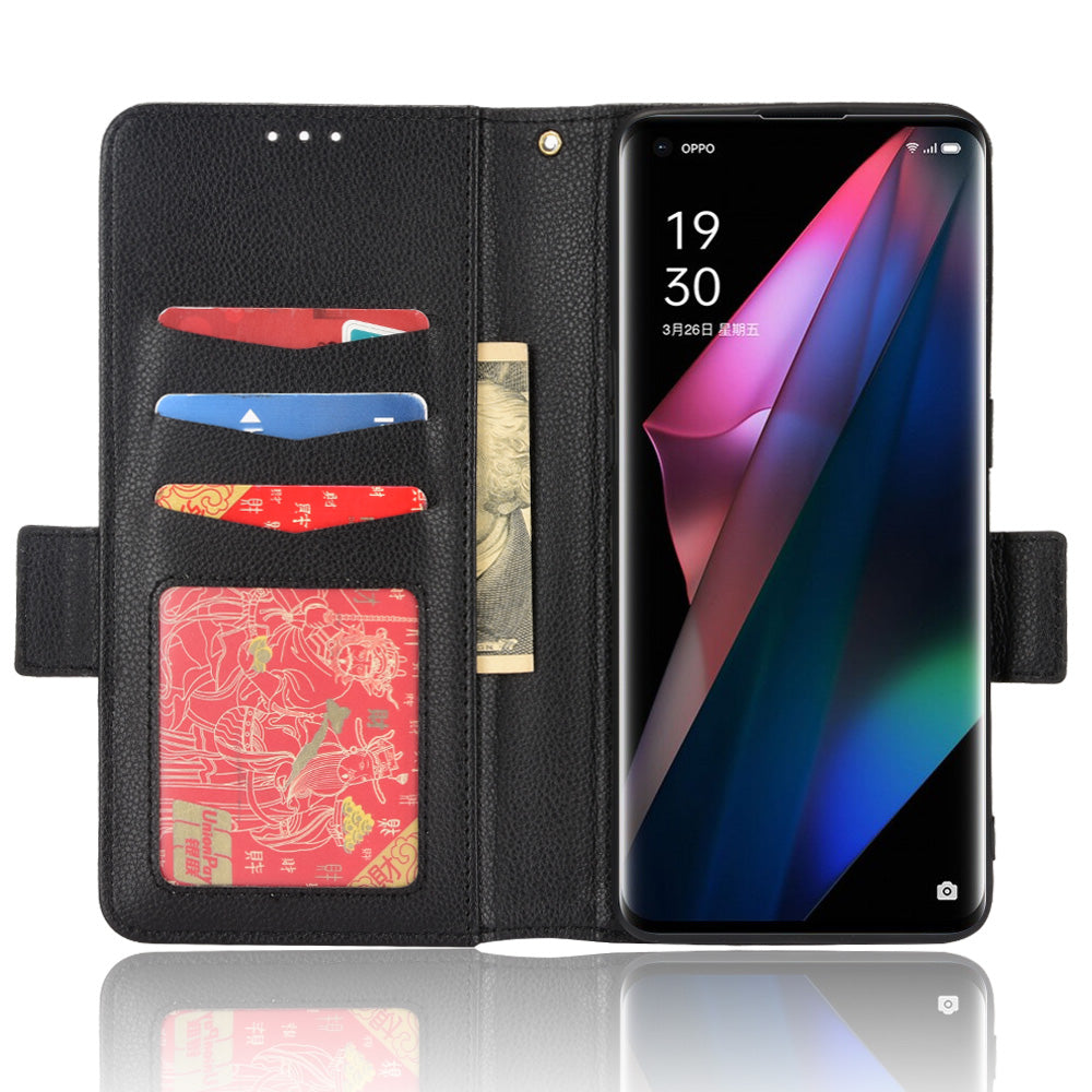 Stand Feature Litchi Texture PU Leather Wallet Flip Cover TPU Shockproof Interior Case for Oppo Find X3 / Find X3 Pro