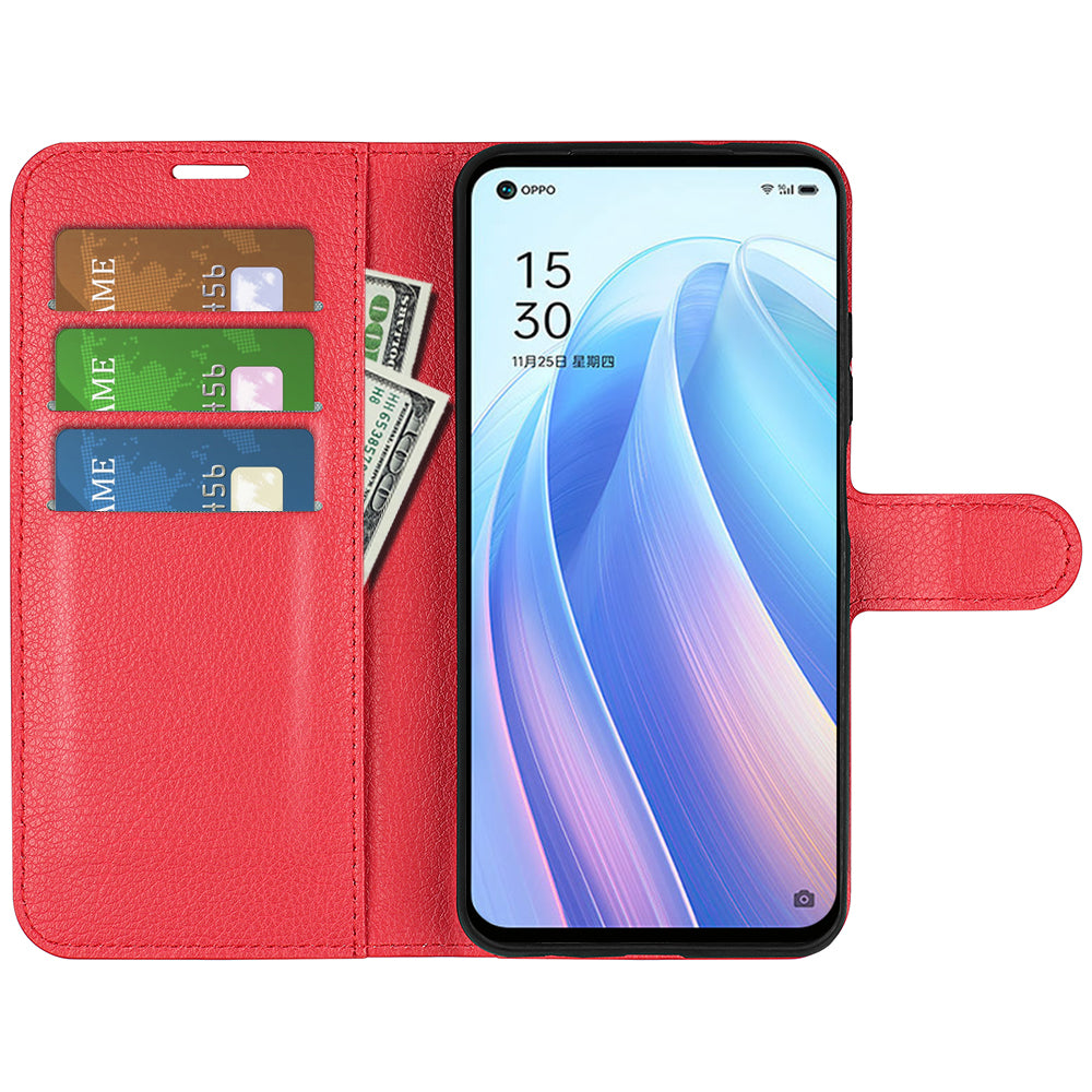 For Oppo Reno7 SE 5G Litchi Texture PU Leather Folio Flip Case Stand Wallet TPU Bumper Protective Cover