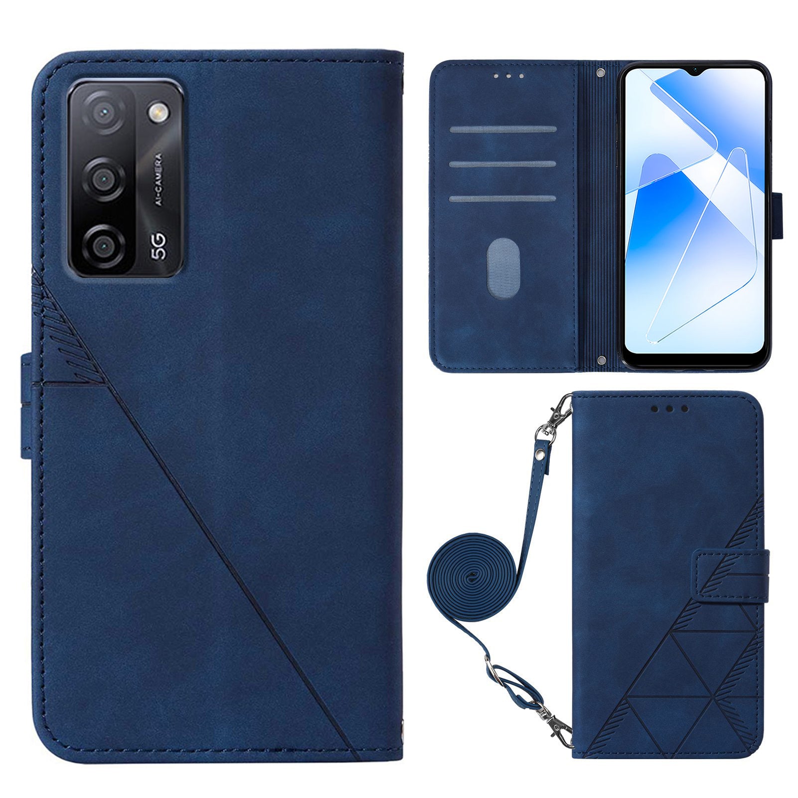 For Oppo A16/A16s/A54s/A55 5G/A53s 5G PB2-1 Series Lines Imprinting Shock Absorption Cellphone Case with Shoulder Strap PU Leather+TPU Stand Wallet Flip Protective Cover