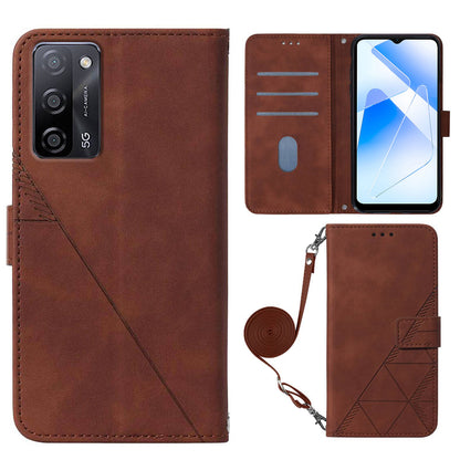 For Oppo A16/A16s/A54s/A55 5G/A53s 5G PB2-1 Series Lines Imprinting Shock Absorption Cellphone Case with Shoulder Strap PU Leather+TPU Stand Wallet Flip Protective Cover