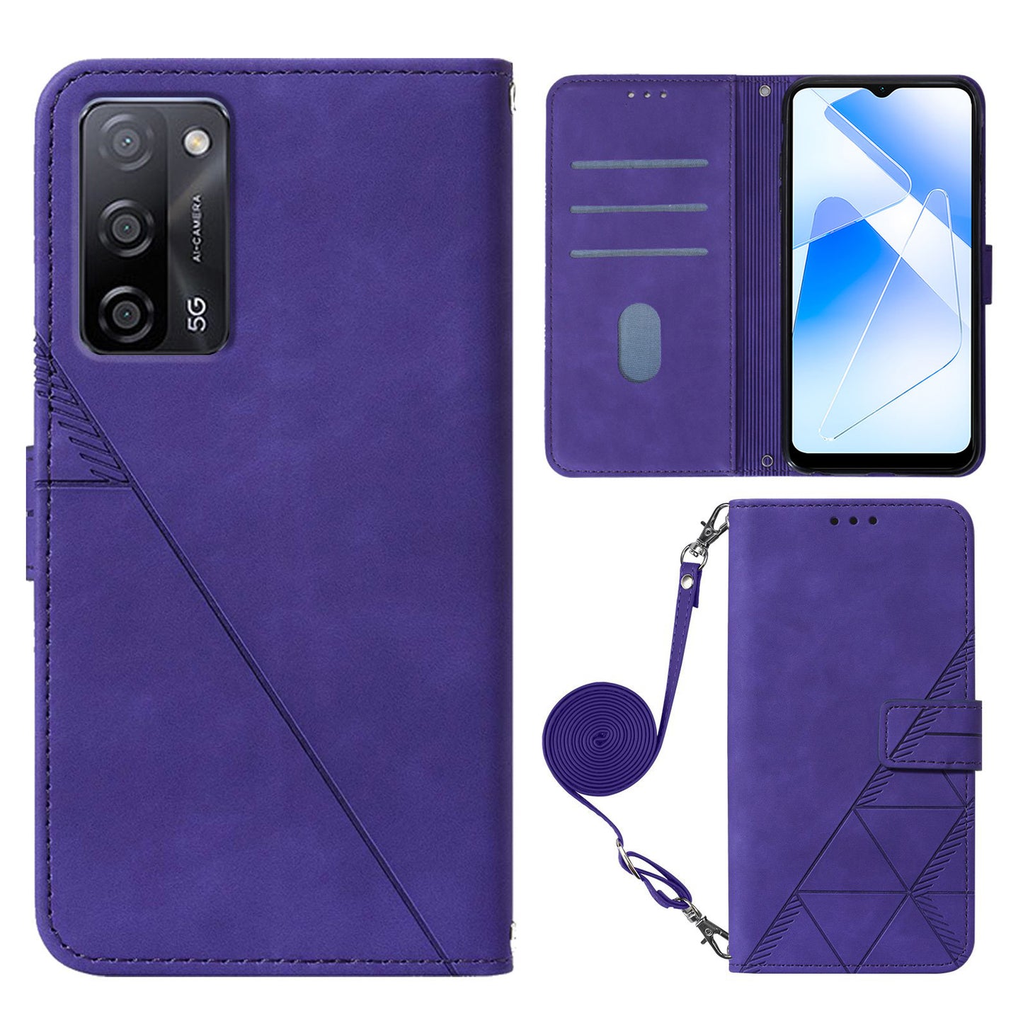 For Oppo A16/A16s/A54s/A55 5G/A53s 5G PB2-1 Series Lines Imprinting Shock Absorption Cellphone Case with Shoulder Strap PU Leather+TPU Stand Wallet Flip Protective Cover