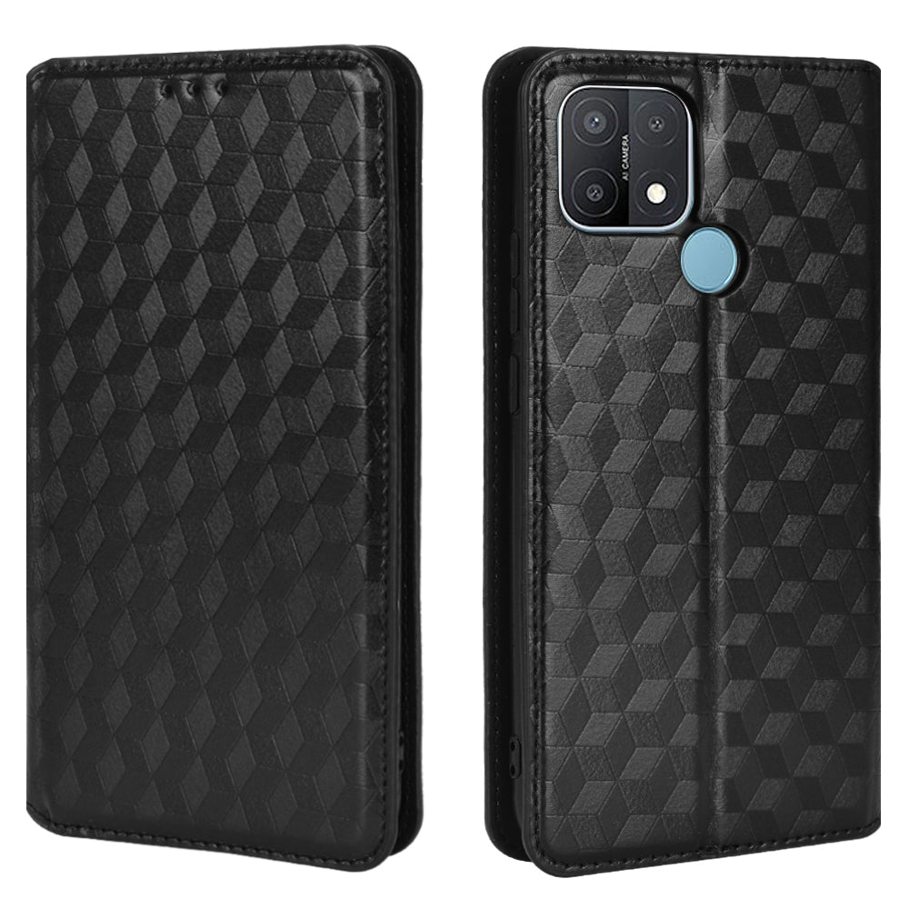 For Oppo A15/A15s/A35 (2021) Imprinting 3D Rhombus PU Leather Wallet Cover Shockproof Phone Case with Foldable Stand