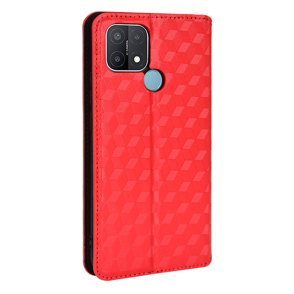 For Oppo A15/A15s/A35 (2021) Imprinting 3D Rhombus PU Leather Wallet Cover Shockproof Phone Case with Foldable Stand