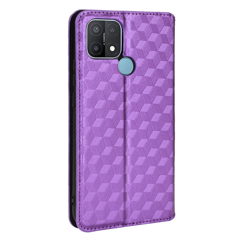 For Oppo A15/A15s/A35 (2021) Imprinting 3D Rhombus PU Leather Wallet Cover Shockproof Phone Case with Foldable Stand