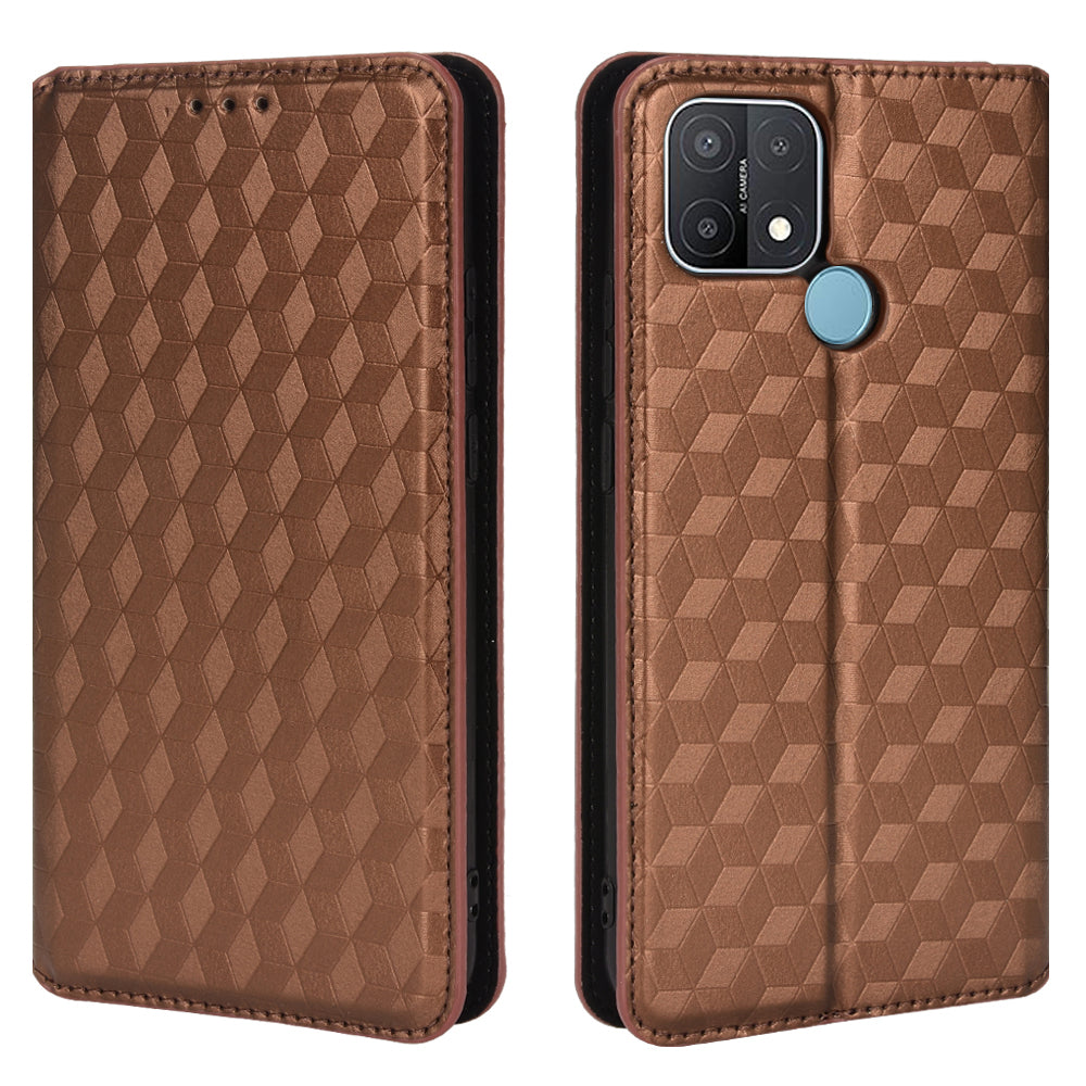 For Oppo A15/A15s/A35 (2021) Imprinting 3D Rhombus PU Leather Wallet Cover Shockproof Phone Case with Foldable Stand