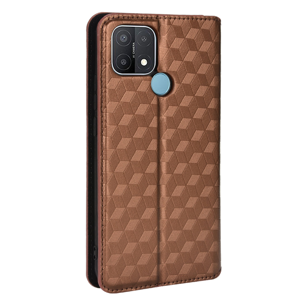 For Oppo A15/A15s/A35 (2021) Imprinting 3D Rhombus PU Leather Wallet Cover Shockproof Phone Case with Foldable Stand