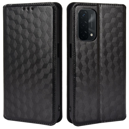 For Oppo A93 5G / A74 5G / A54 5G Rhombus Imprinted PU Leather + TPU Bumper Stand Cover Wallet Design Magnetic Auto-absorbed Full Protective Phone Case