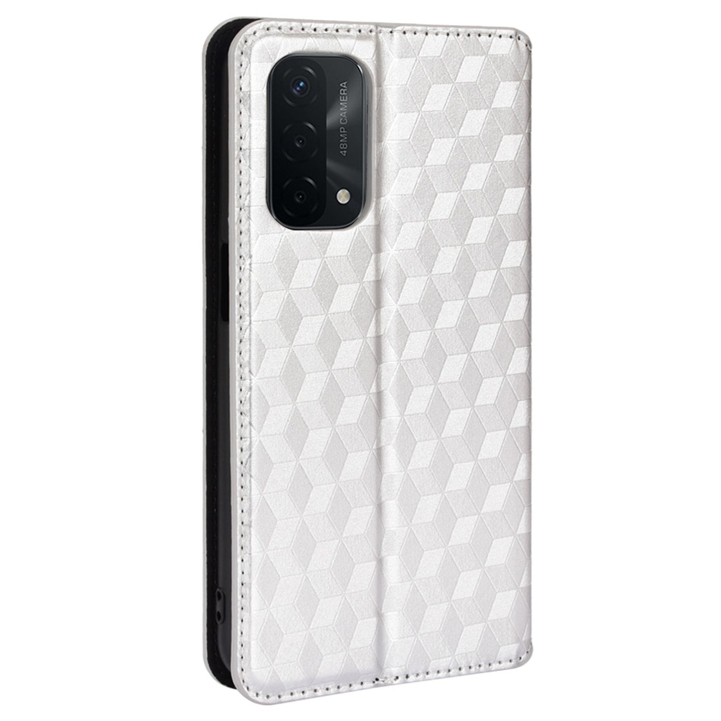 For Oppo A93 5G / A74 5G / A54 5G Rhombus Imprinted PU Leather + TPU Bumper Stand Cover Wallet Design Magnetic Auto-absorbed Full Protective Phone Case