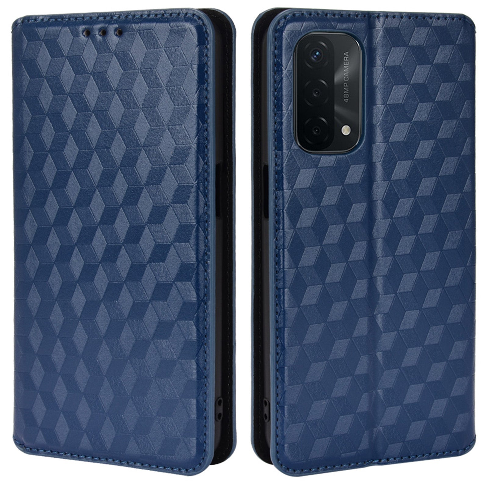 For Oppo A93 5G / A74 5G / A54 5G Rhombus Imprinted PU Leather + TPU Bumper Stand Cover Wallet Design Magnetic Auto-absorbed Full Protective Phone Case