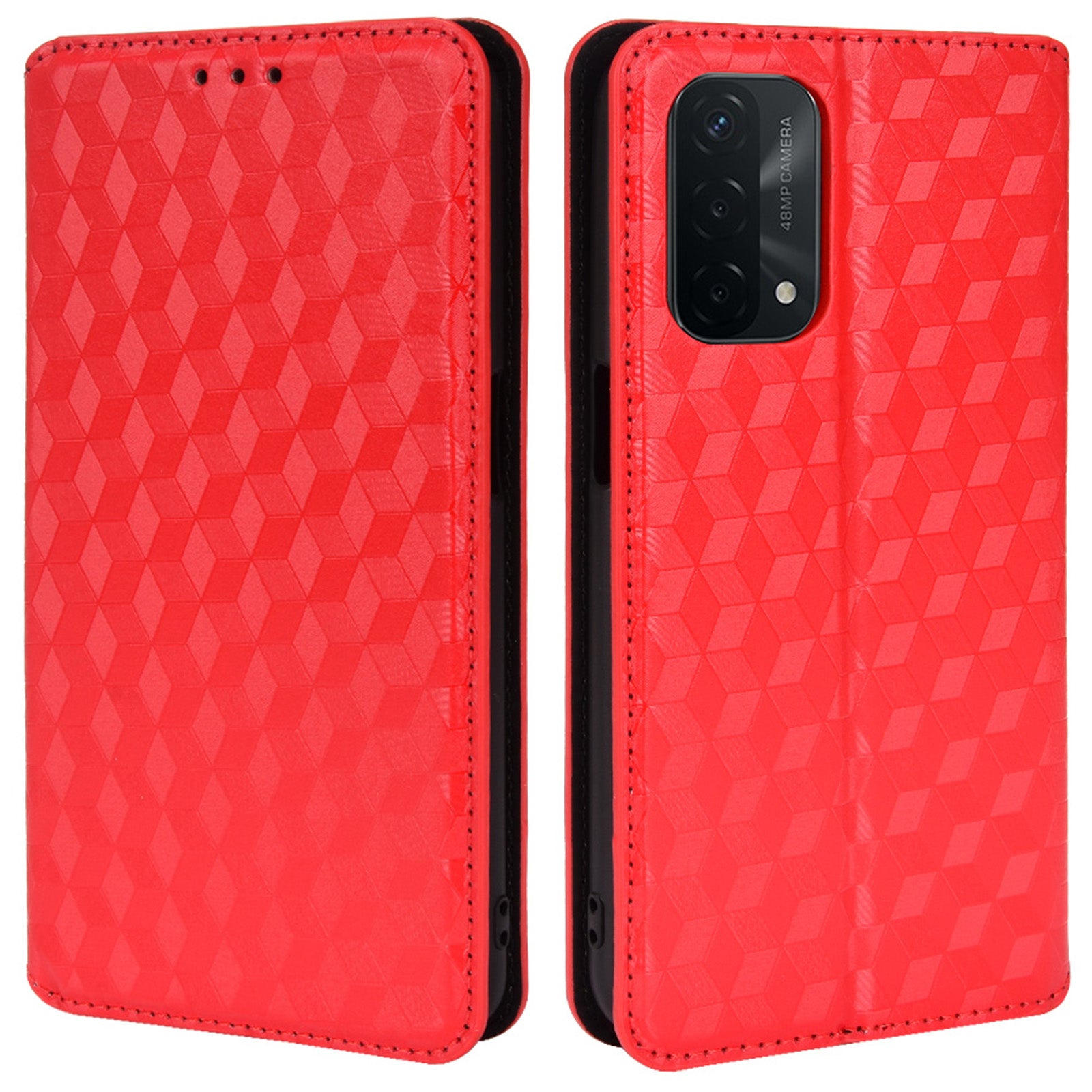 For Oppo A93 5G / A74 5G / A54 5G Rhombus Imprinted PU Leather + TPU Bumper Stand Cover Wallet Design Magnetic Auto-absorbed Full Protective Phone Case