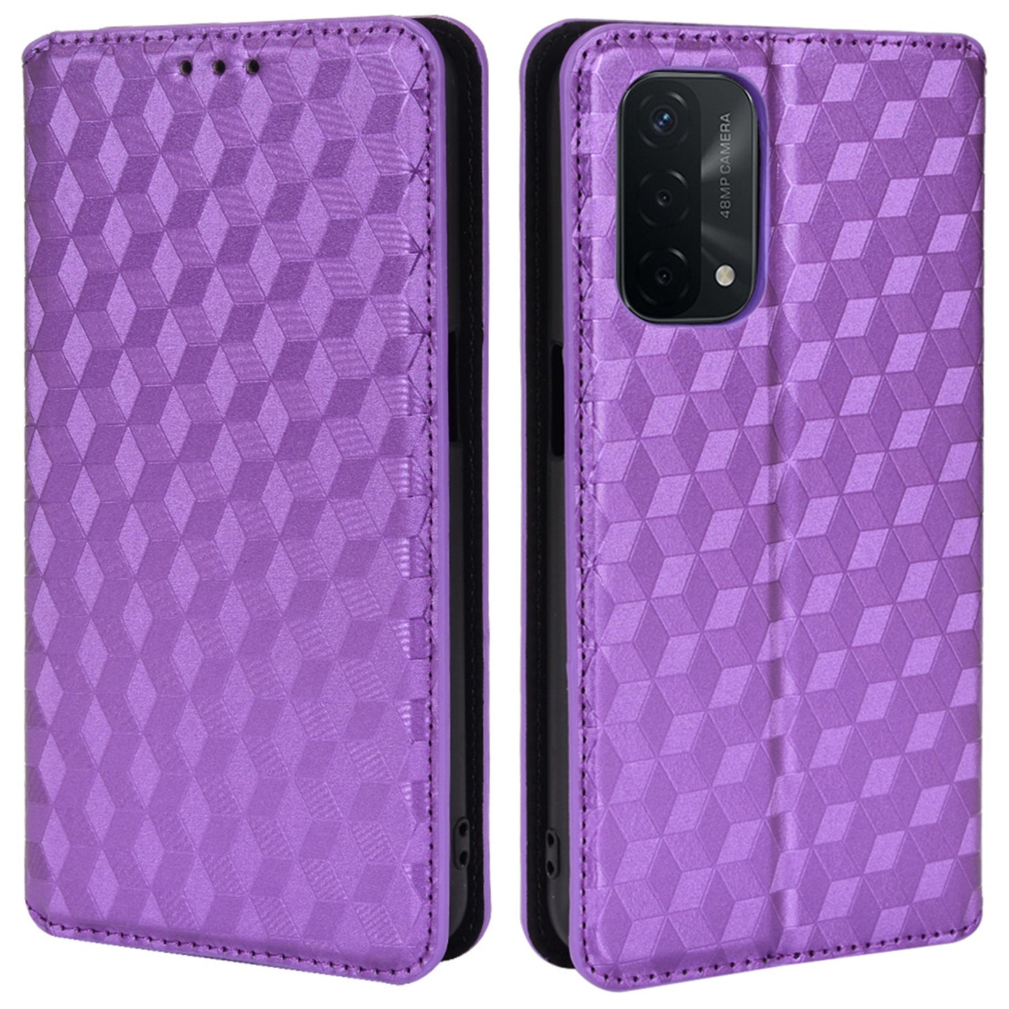 For Oppo A93 5G / A74 5G / A54 5G Rhombus Imprinted PU Leather + TPU Bumper Stand Cover Wallet Design Magnetic Auto-absorbed Full Protective Phone Case