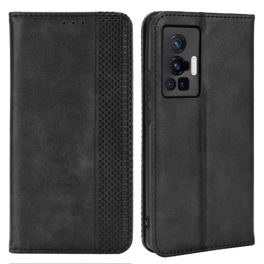 For vivo X70 Pro Retro Style PU Leather Attached Soft TPU Imprinted Mosaic Case Stand Hidden Magnetic Adsorption Shockproof Flip Wallet Cover