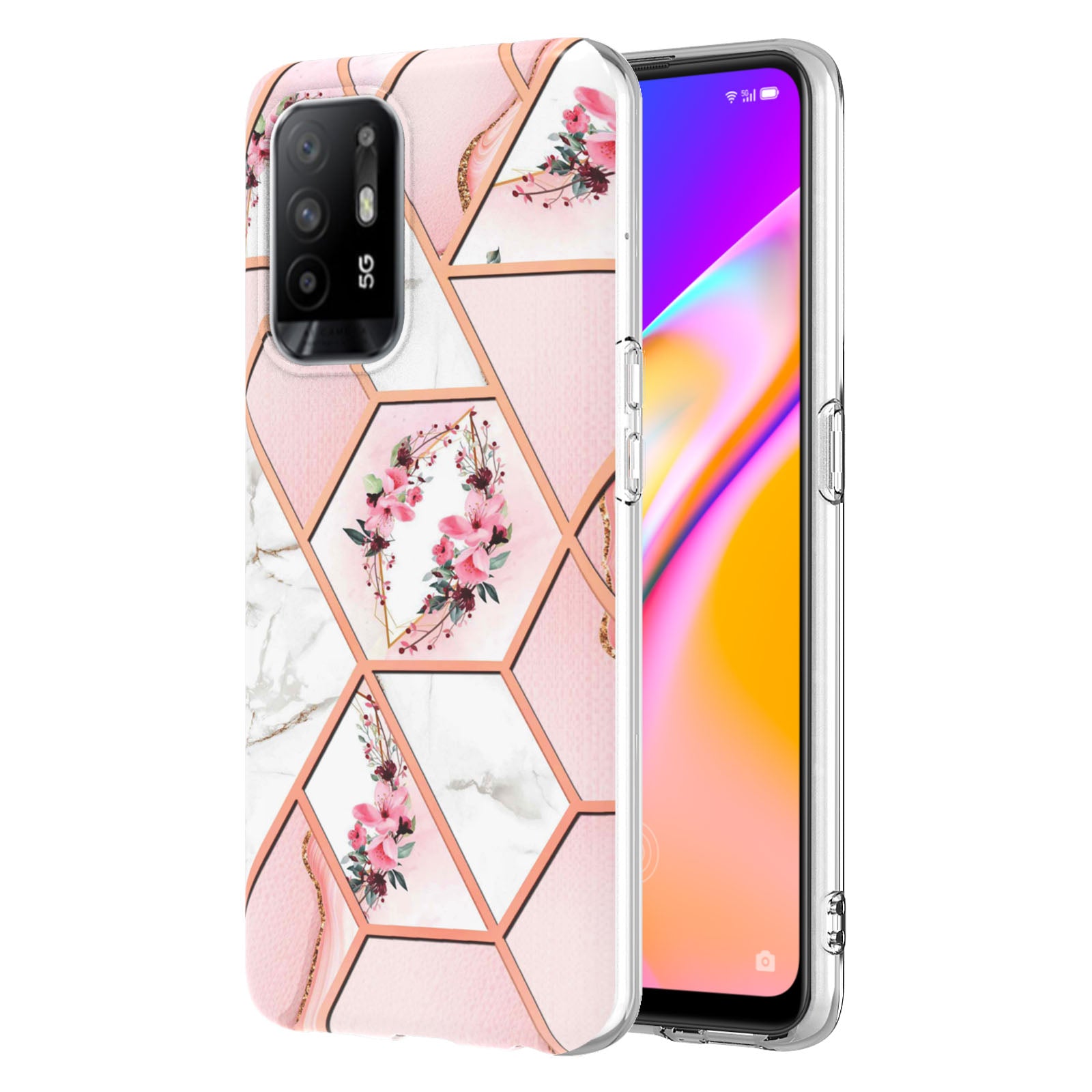 LB1 Series for Oppo A94 5G/A95 5G Soft Touch Marble Cell Phone Case, Anti-fingerprint Electroplating Soft TPU IMD Anti-scratch Cover