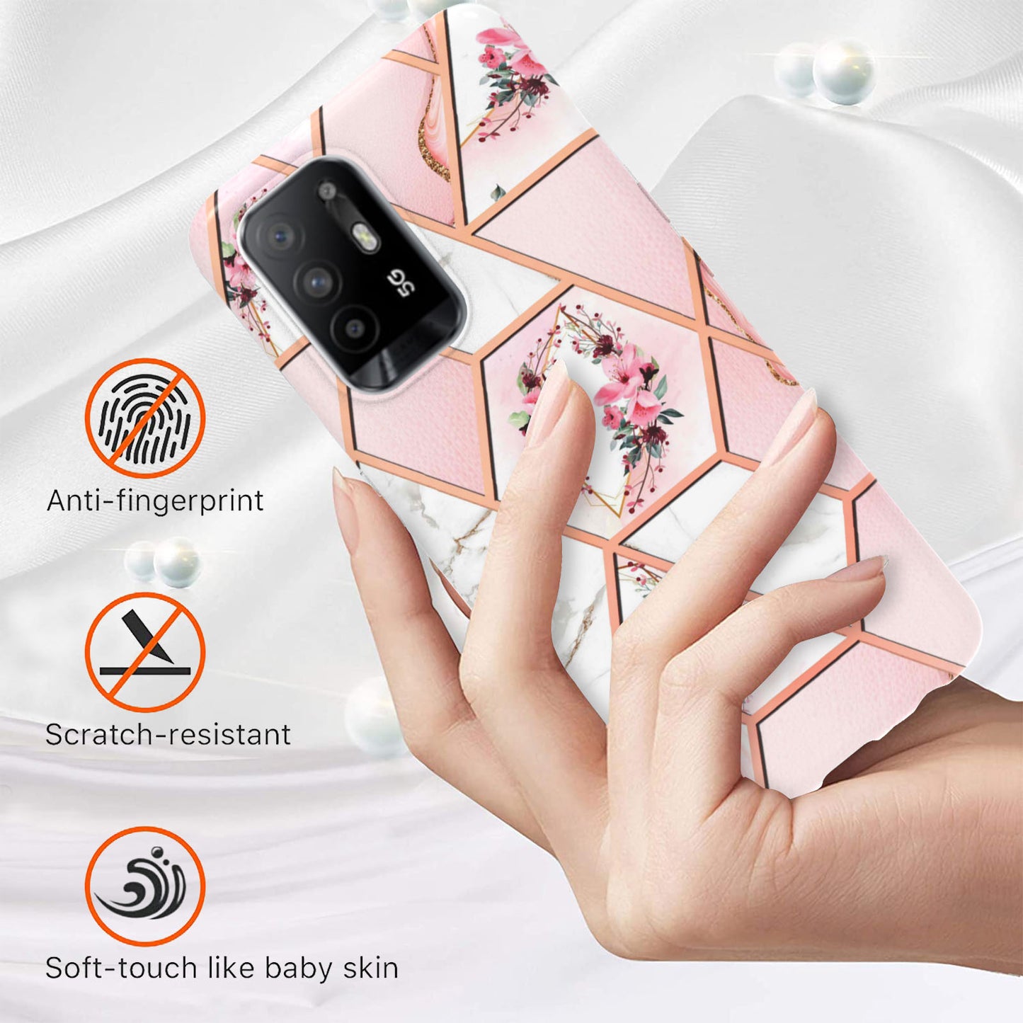 LB1 Series for Oppo A94 5G/A95 5G Soft Touch Marble Cell Phone Case, Anti-fingerprint Electroplating Soft TPU IMD Anti-scratch Cover