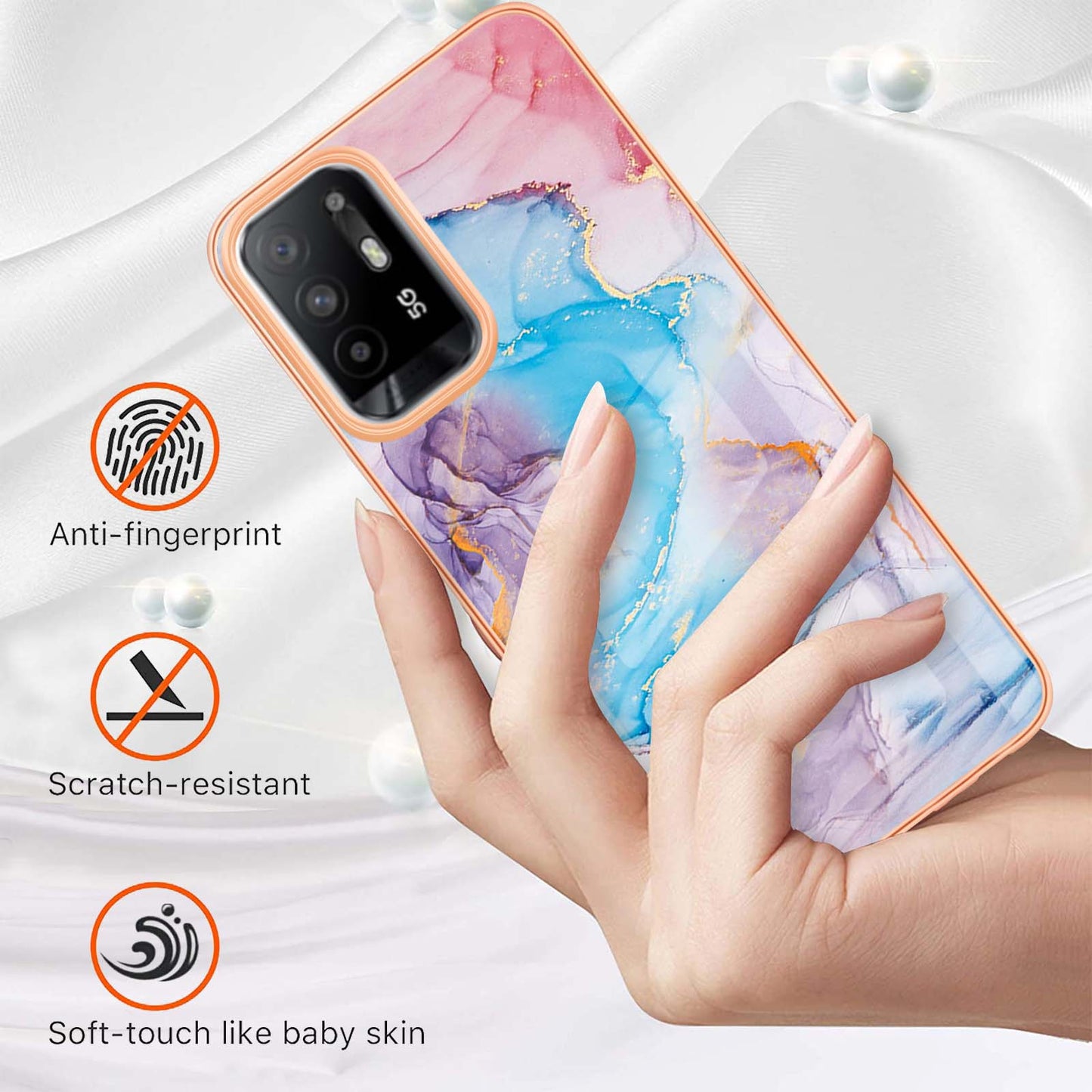 LB1 Series for Oppo A94 5G/A95 5G Soft Touch Marble Cell Phone Case, Anti-fingerprint Electroplating Soft TPU IMD Anti-scratch Cover