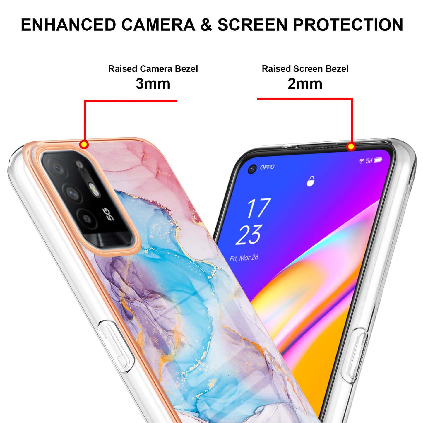 LB1 Series for Oppo A94 5G/A95 5G Soft Touch Marble Cell Phone Case, Anti-fingerprint Electroplating Soft TPU IMD Anti-scratch Cover