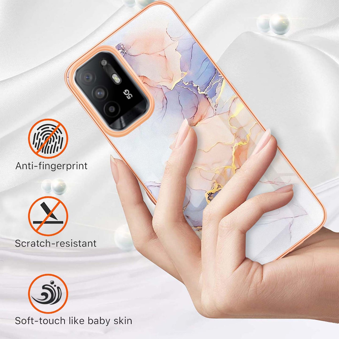 LB1 Series for Oppo A94 5G/A95 5G Soft Touch Marble Cell Phone Case, Anti-fingerprint Electroplating Soft TPU IMD Anti-scratch Cover