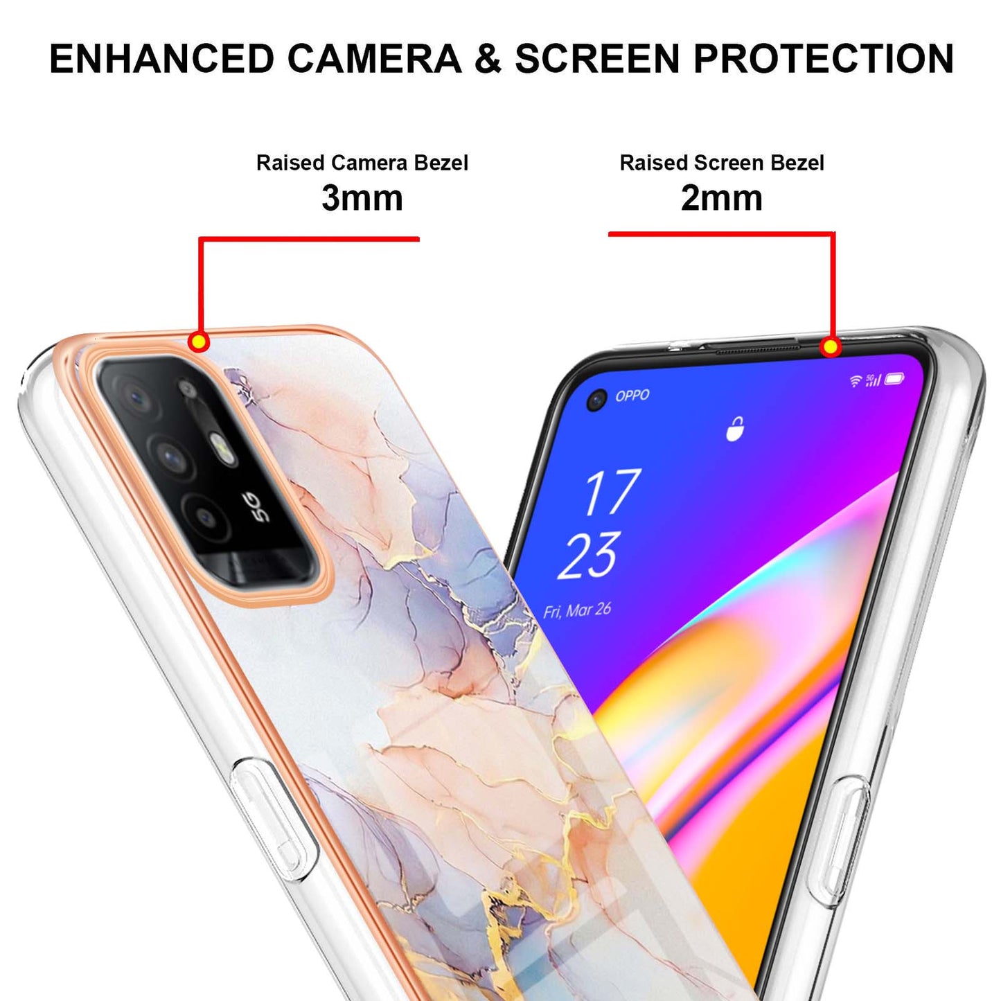 LB1 Series for Oppo A94 5G/A95 5G Soft Touch Marble Cell Phone Case, Anti-fingerprint Electroplating Soft TPU IMD Anti-scratch Cover