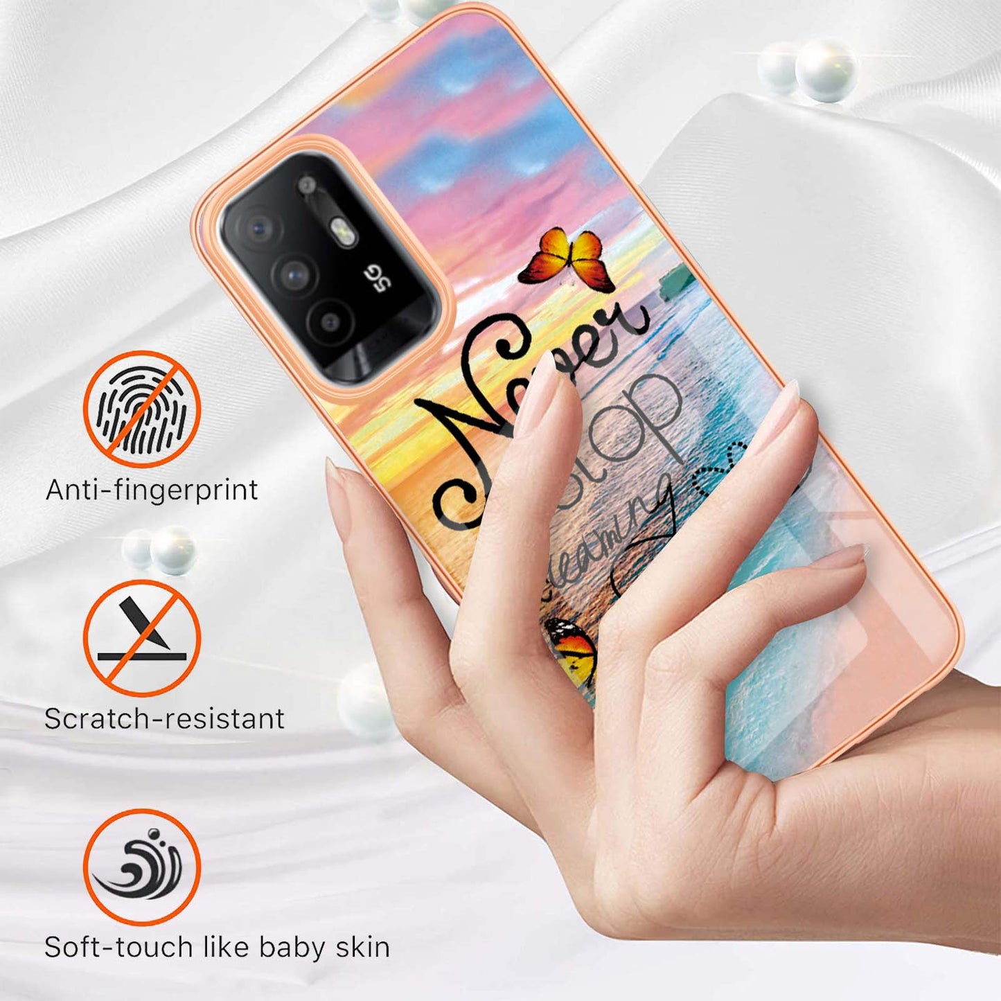 LB1 Series for Oppo A94 5G/A95 5G Soft Touch Marble Cell Phone Case, Anti-fingerprint Electroplating Soft TPU IMD Anti-scratch Cover