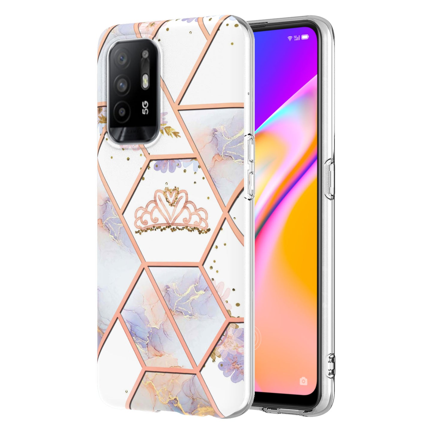 LB1 Series for Oppo A94 5G/A95 5G Soft Touch Marble Cell Phone Case, Anti-fingerprint Electroplating Soft TPU IMD Anti-scratch Cover